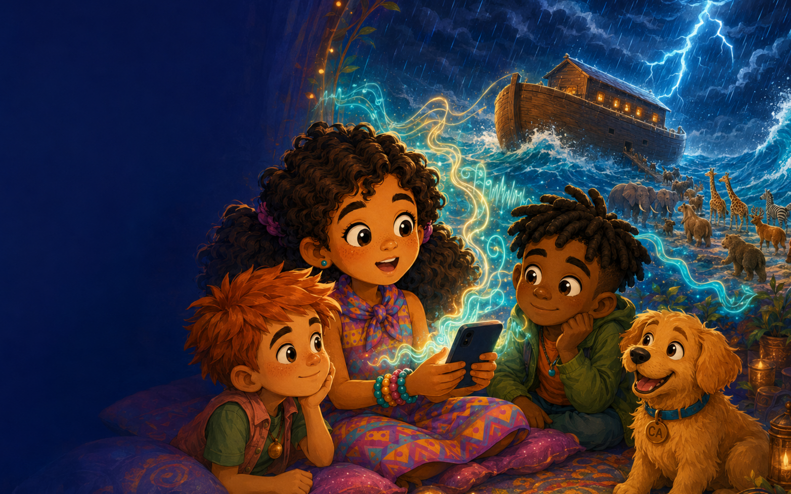 Abigail lê uma história no celular enquanto a aventura de Noé ganha chuva, animais e efeitos sonoros ao redor da turma