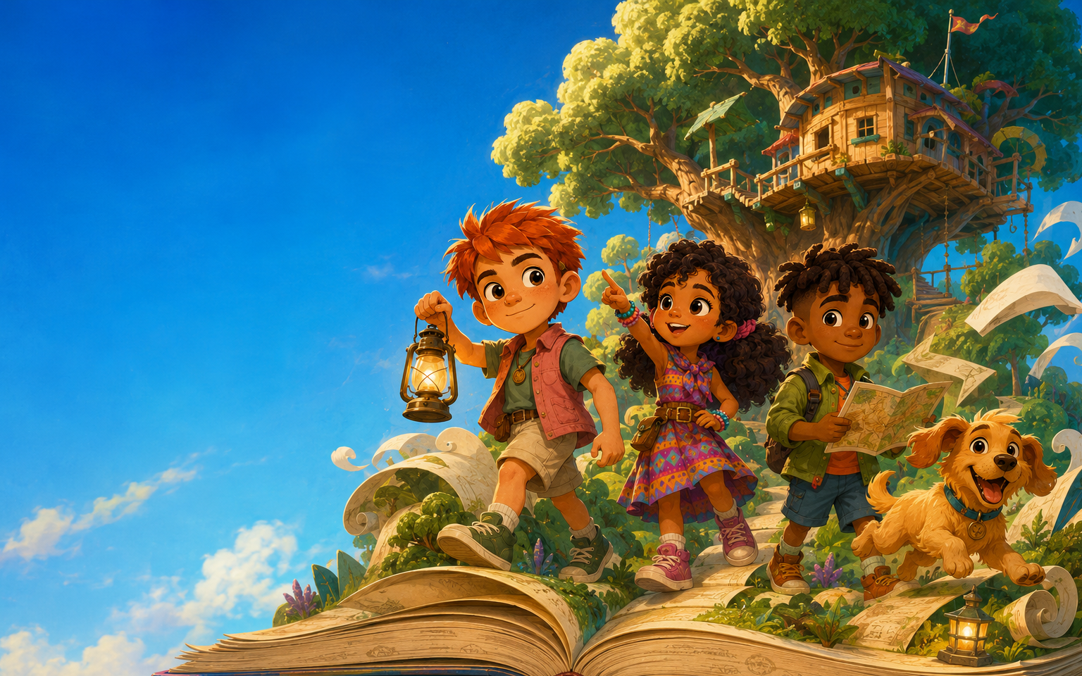 Abraão, Abigail, Zaqueu e Tuba exploram um mundo que nasce de um grande livro